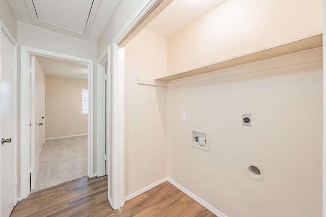 laundry room featuring hookup for an electric dryer, dark hardwood / wood-style floors, and washer hookup