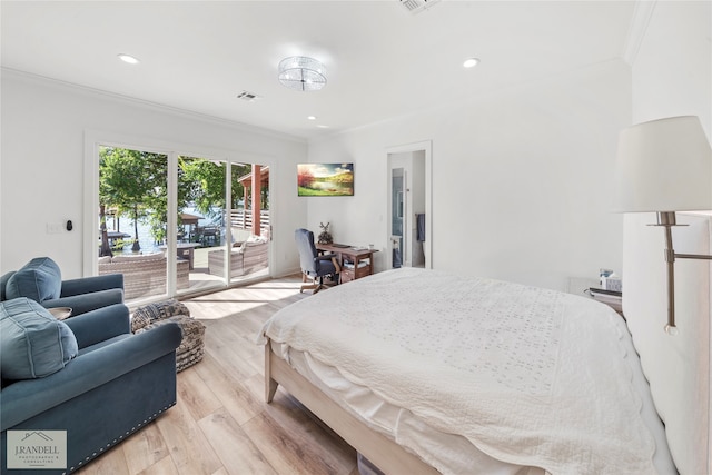 bedroom featuring light wood-type flooring, access to exterior, and crown molding