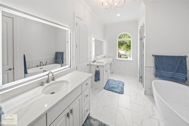 bathroom featuring crown molding, vanity, a bath, and a chandelier