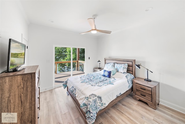 bedroom featuring ornamental molding, access to outside, ceiling fan, and light hardwood / wood-style floors