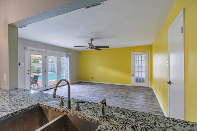 interior space featuring plenty of natural light, hardwood / wood-style floors, sink, and ceiling fan