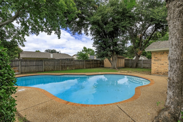 view of swimming pool featuring a storage unit