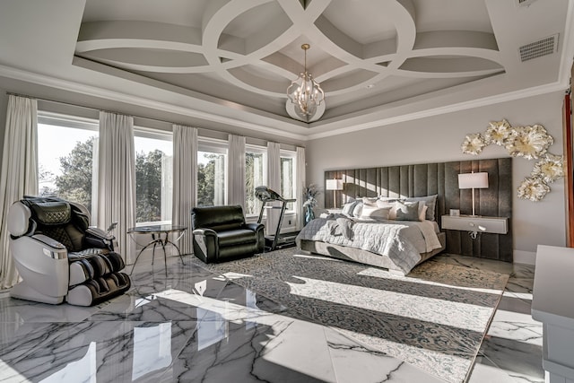 bedroom featuring coffered ceiling, an inviting chandelier, and crown molding