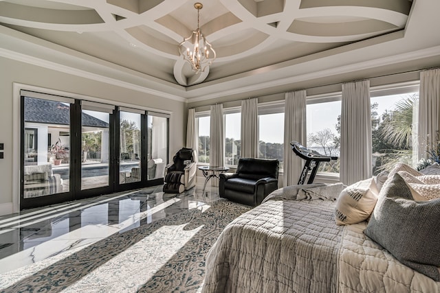 bedroom with multiple windows, an inviting chandelier, and coffered ceiling