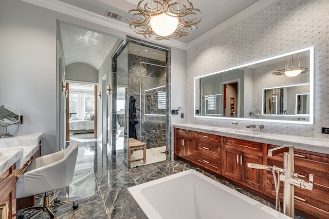 bathroom featuring plus walk in shower, crown molding, and vanity