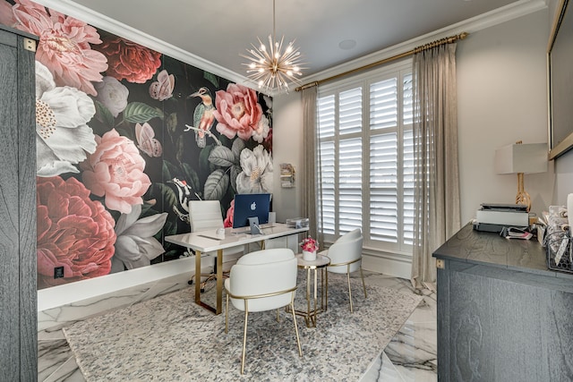 dining area with a chandelier and ornamental molding