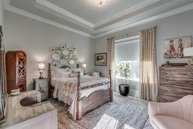 bedroom with ornamental molding and a tray ceiling