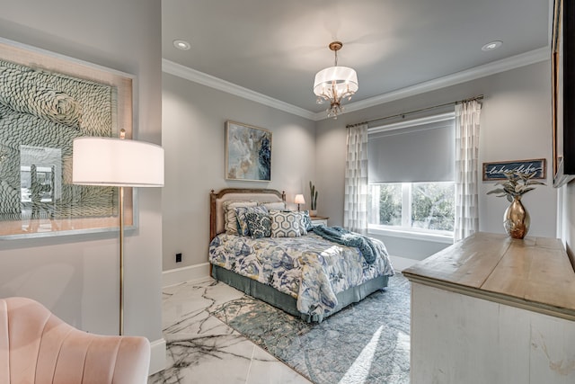 bedroom featuring ornamental molding and a chandelier