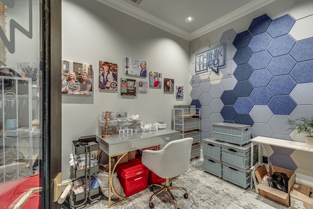 office area with ornamental molding