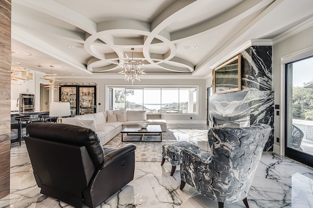 living room with coffered ceiling, ornamental molding, an inviting chandelier, sink, and beam ceiling