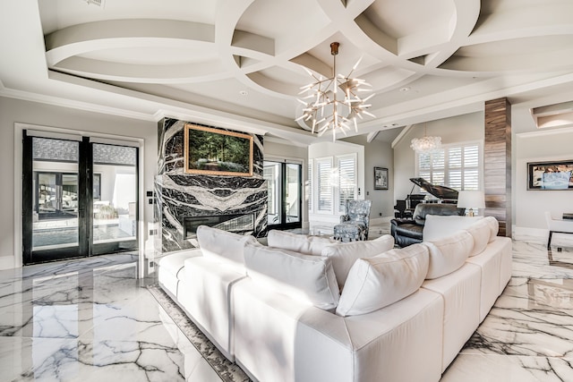 living room with crown molding, coffered ceiling, a notable chandelier, and beam ceiling