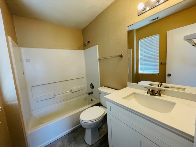 full bathroom with vanity, toilet, shower / tub combination, and tile patterned flooring