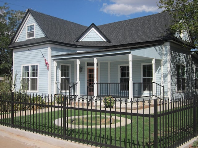view of front of home featuring a fenced front yard, a porch, and a front lawn
