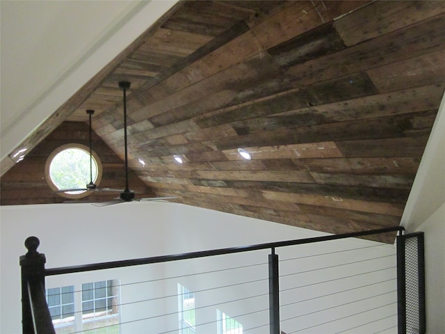 interior details with ceiling fan and wooden ceiling