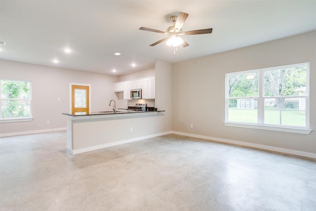 kitchen featuring kitchen peninsula, white cabinets, stainless steel appliances, and a wealth of natural light