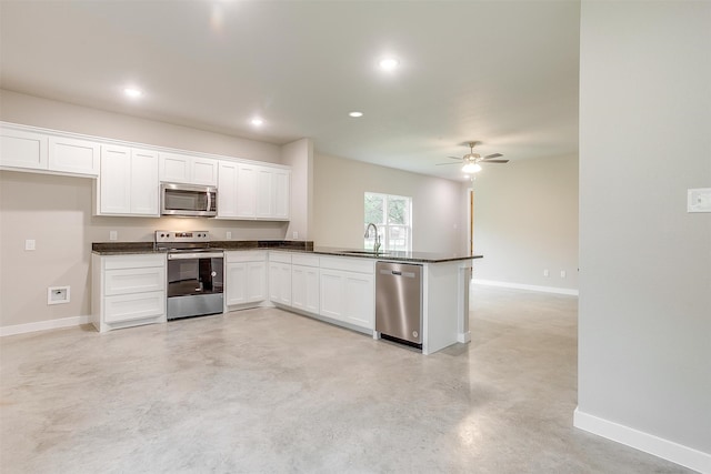 kitchen featuring appliances with stainless steel finishes, sink, kitchen peninsula, and white cabinets