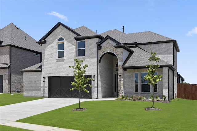 french provincial home with a front lawn and a garage