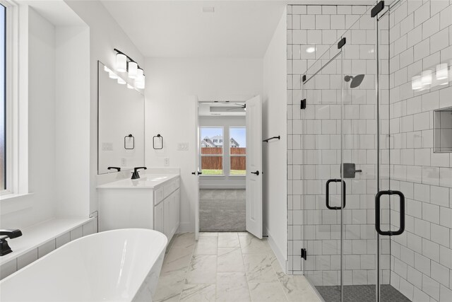 bathroom with shower with separate bathtub and vanity