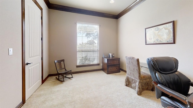 office area with light carpet and crown molding