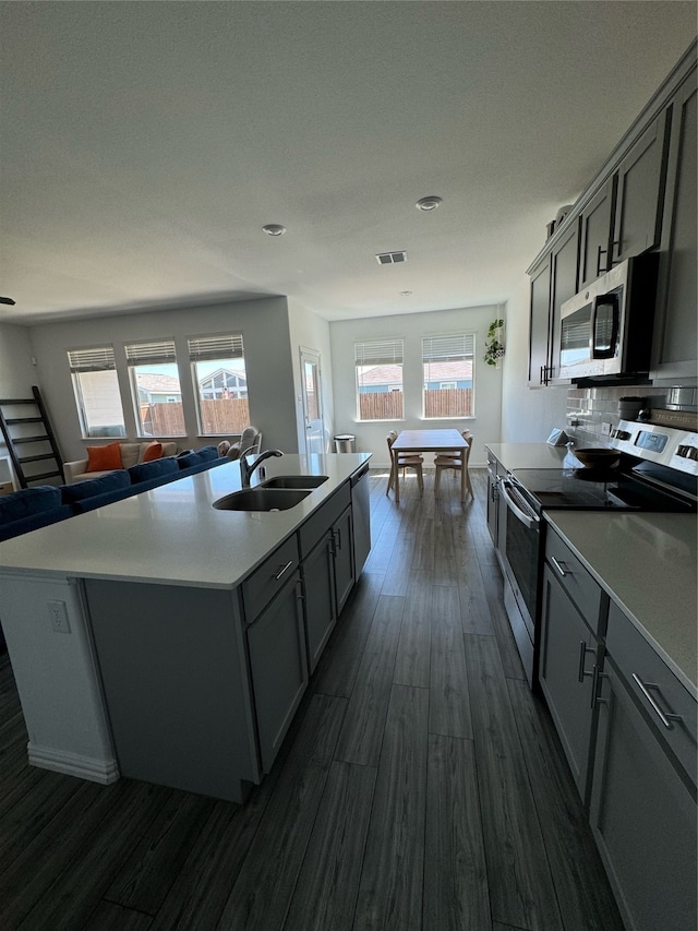 kitchen featuring an island with sink, plenty of natural light, stainless steel appliances, and sink