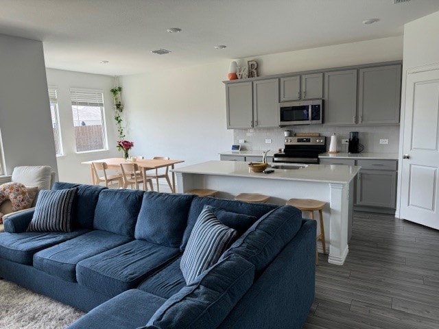 living room with sink and dark hardwood / wood-style floors