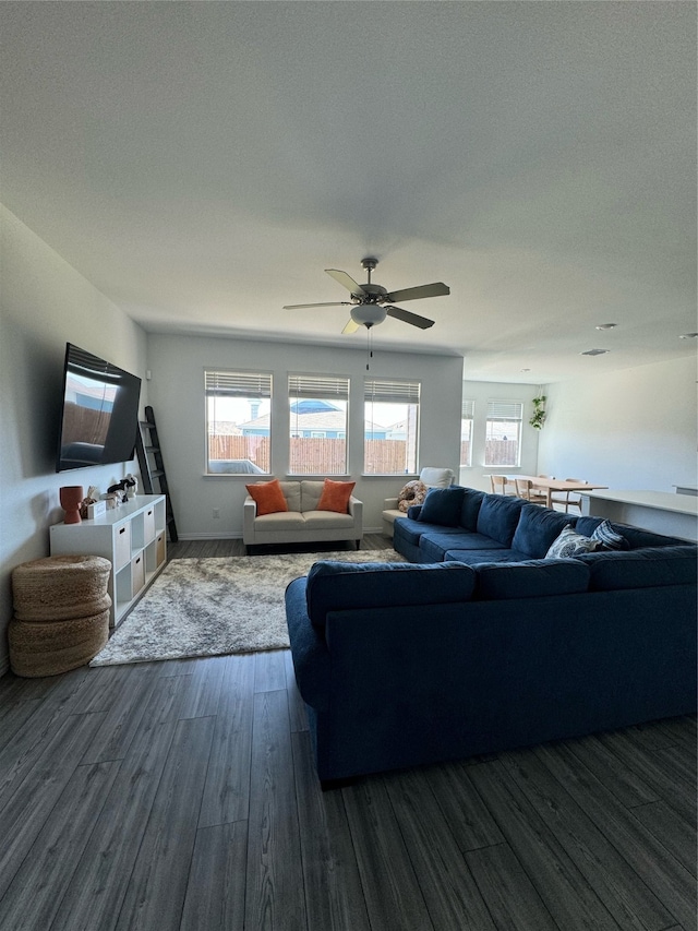 living room featuring dark wood-type flooring, ceiling fan, and a textured ceiling