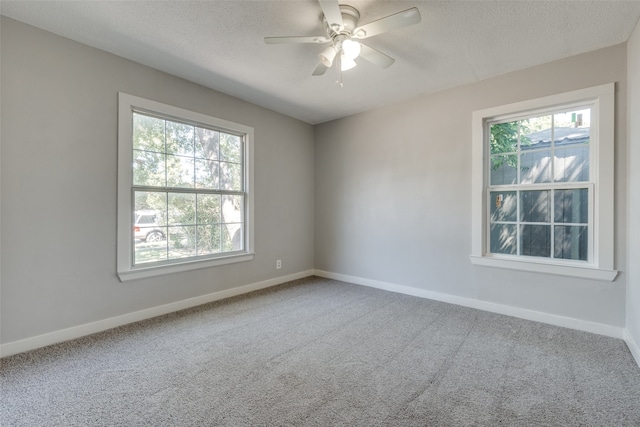 spare room with carpet flooring, ceiling fan, and a textured ceiling