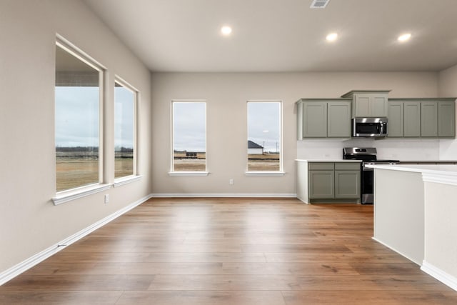 kitchen with light wood-type flooring and appliances with stainless steel finishes