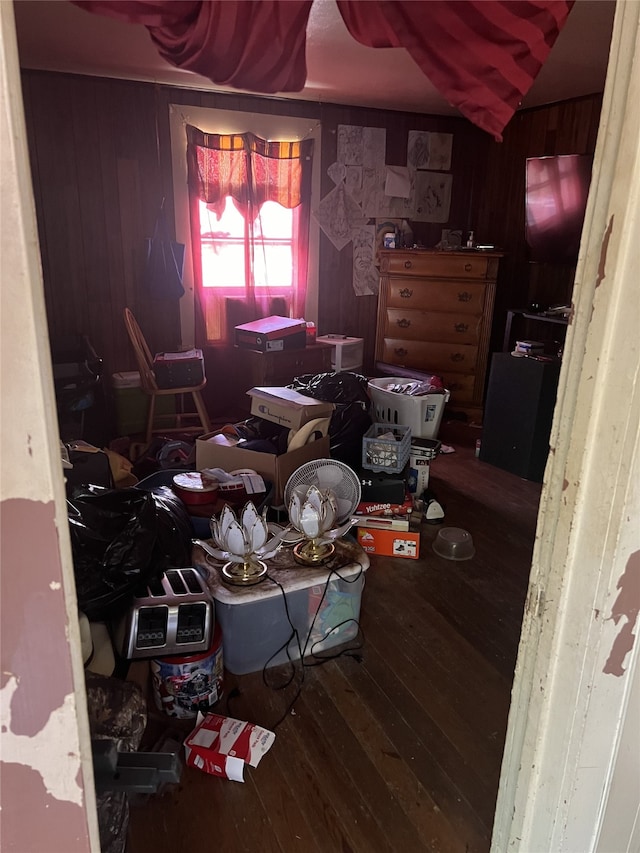 miscellaneous room with wood walls and wood-type flooring