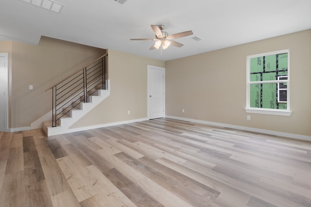 unfurnished living room featuring ceiling fan and light wood-type flooring