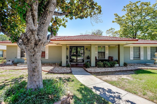 ranch-style home featuring covered porch and a front yard