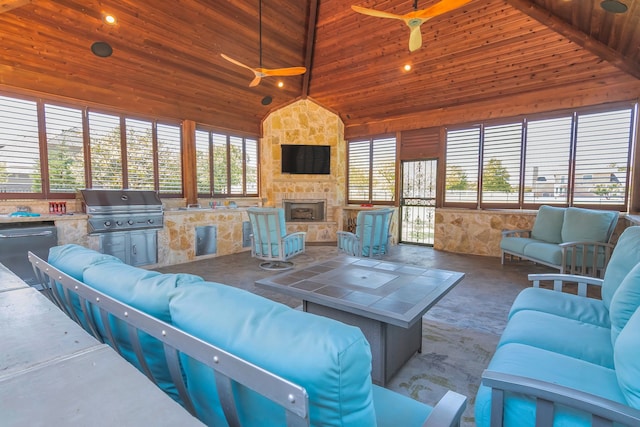 living room with ceiling fan, wooden ceiling, beamed ceiling, high vaulted ceiling, and concrete floors