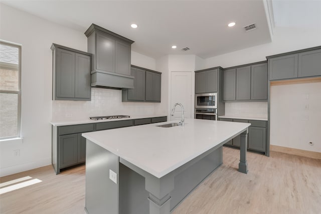 kitchen with stainless steel appliances, a center island with sink, sink, and backsplash