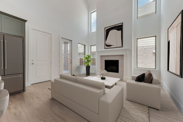 living room featuring a high ceiling, a healthy amount of sunlight, and light hardwood / wood-style flooring