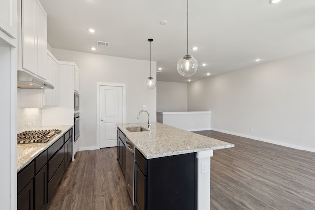 kitchen with under cabinet range hood, a sink, visible vents, appliances with stainless steel finishes, and tasteful backsplash