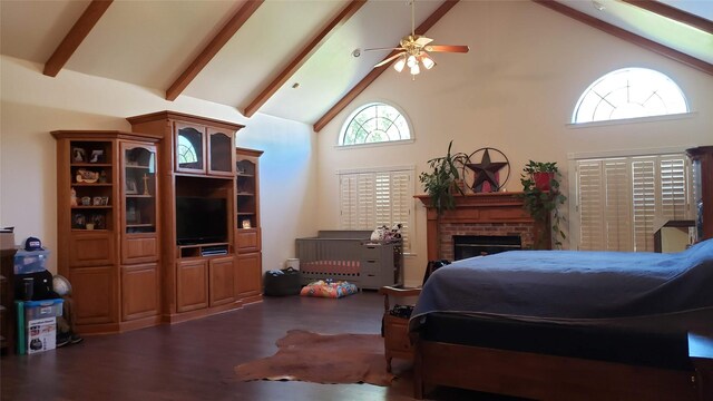 bedroom featuring a brick fireplace, dark hardwood / wood-style floors, high vaulted ceiling, and beam ceiling