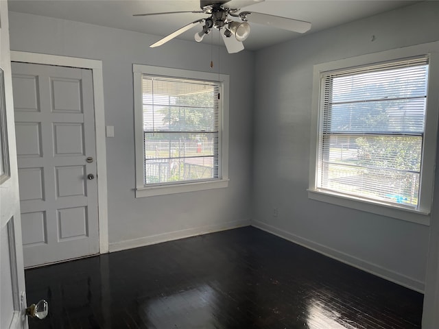 foyer with ceiling fan, a wealth of natural light, and dark hardwood / wood-style floors