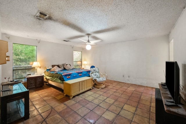 bedroom with a textured ceiling and ceiling fan