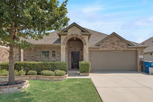 view of front facade with a front yard and a garage