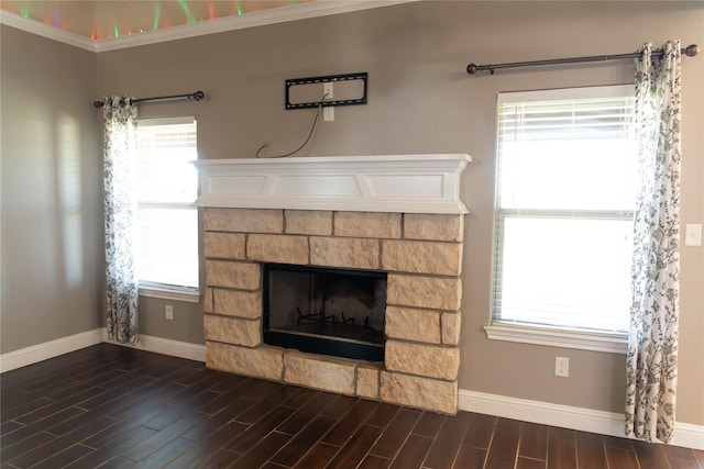 details featuring a fireplace, wood finished floors, baseboards, and ornamental molding