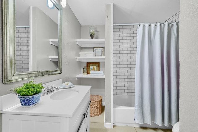 full bathroom featuring vanity, toilet, shower / tub combo with curtain, and tile patterned flooring