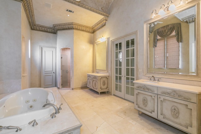 bathroom featuring french doors, shower with separate bathtub, ornamental molding, vanity, and a high ceiling