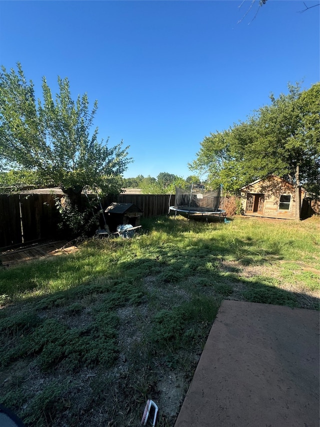 view of yard with an outdoor structure and a trampoline