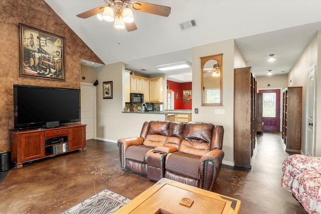 living room with vaulted ceiling and ceiling fan