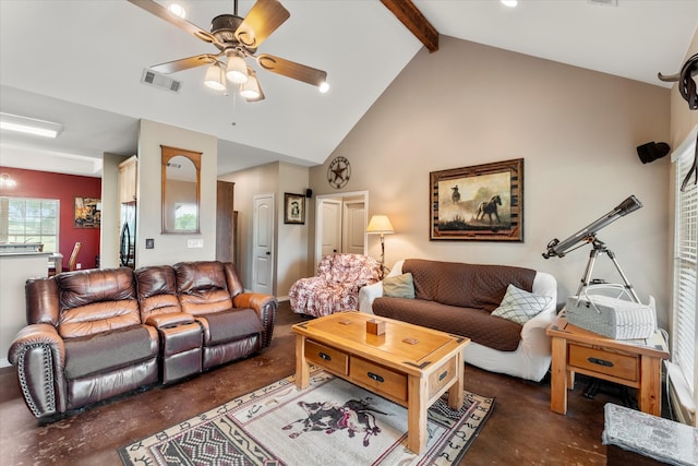 living room featuring high vaulted ceiling, beam ceiling, and ceiling fan