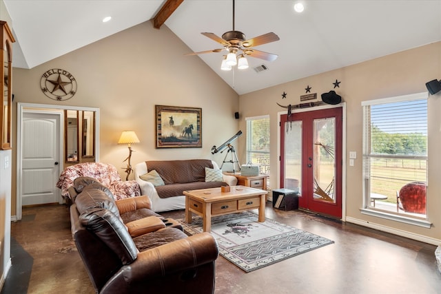 living room featuring high vaulted ceiling, ceiling fan, beamed ceiling, and french doors