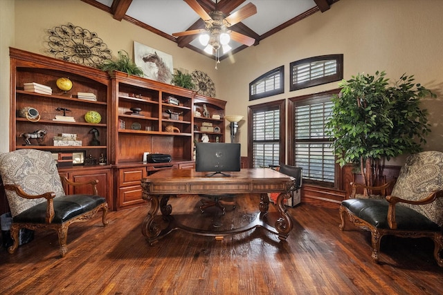 office with ceiling fan, ornamental molding, dark wood-style flooring, and beamed ceiling