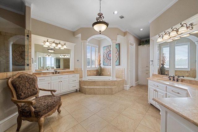 bathroom with vanity, crown molding, a relaxing tiled tub, and ornate columns