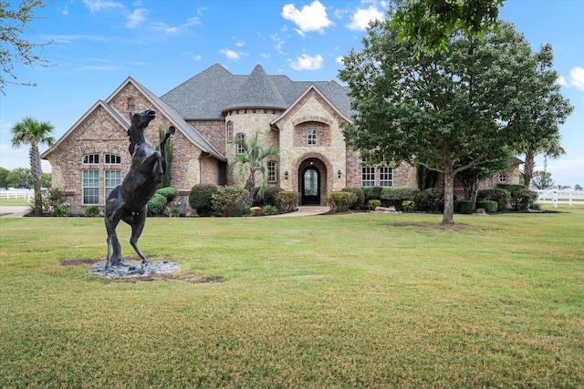 french country inspired facade with brick siding, a shingled roof, and a front yard