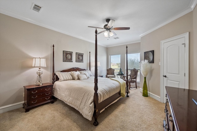 bedroom with light carpet, baseboards, visible vents, and ornamental molding